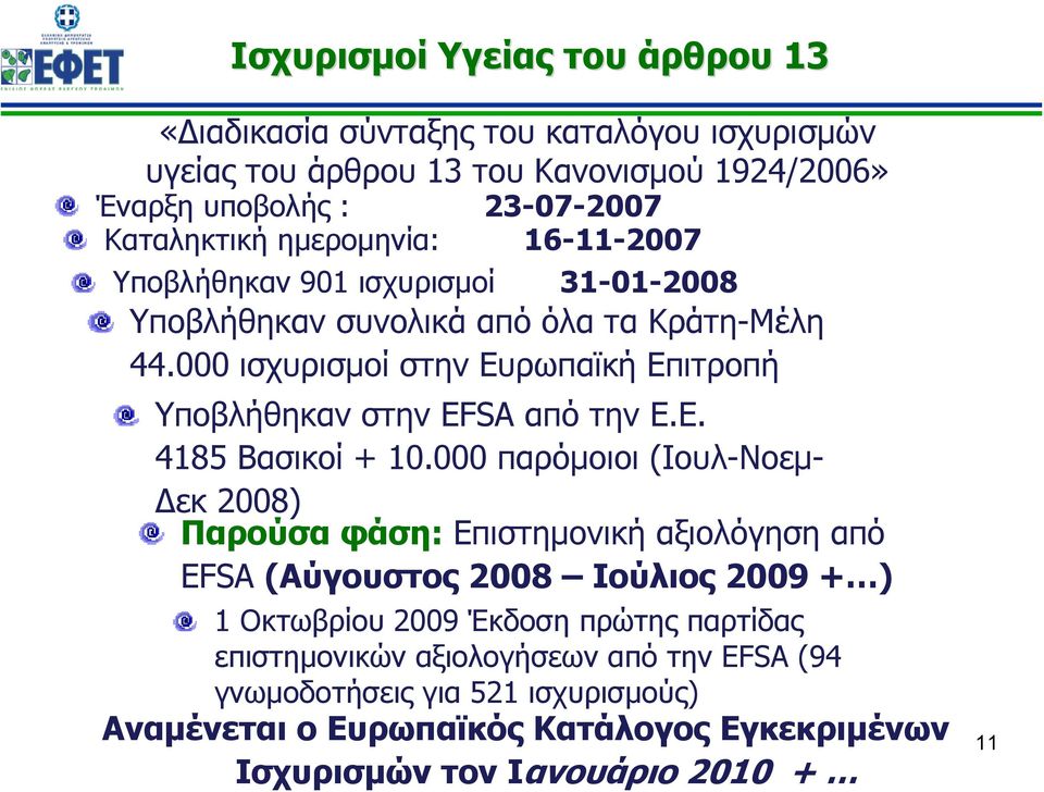 000 ισχυρισμοί στην Ευρωπαϊκή Επιτροπή Υποβλήθηκαν στην ΕFSA από την Ε.Ε. 4185 Βασικοί + 10.