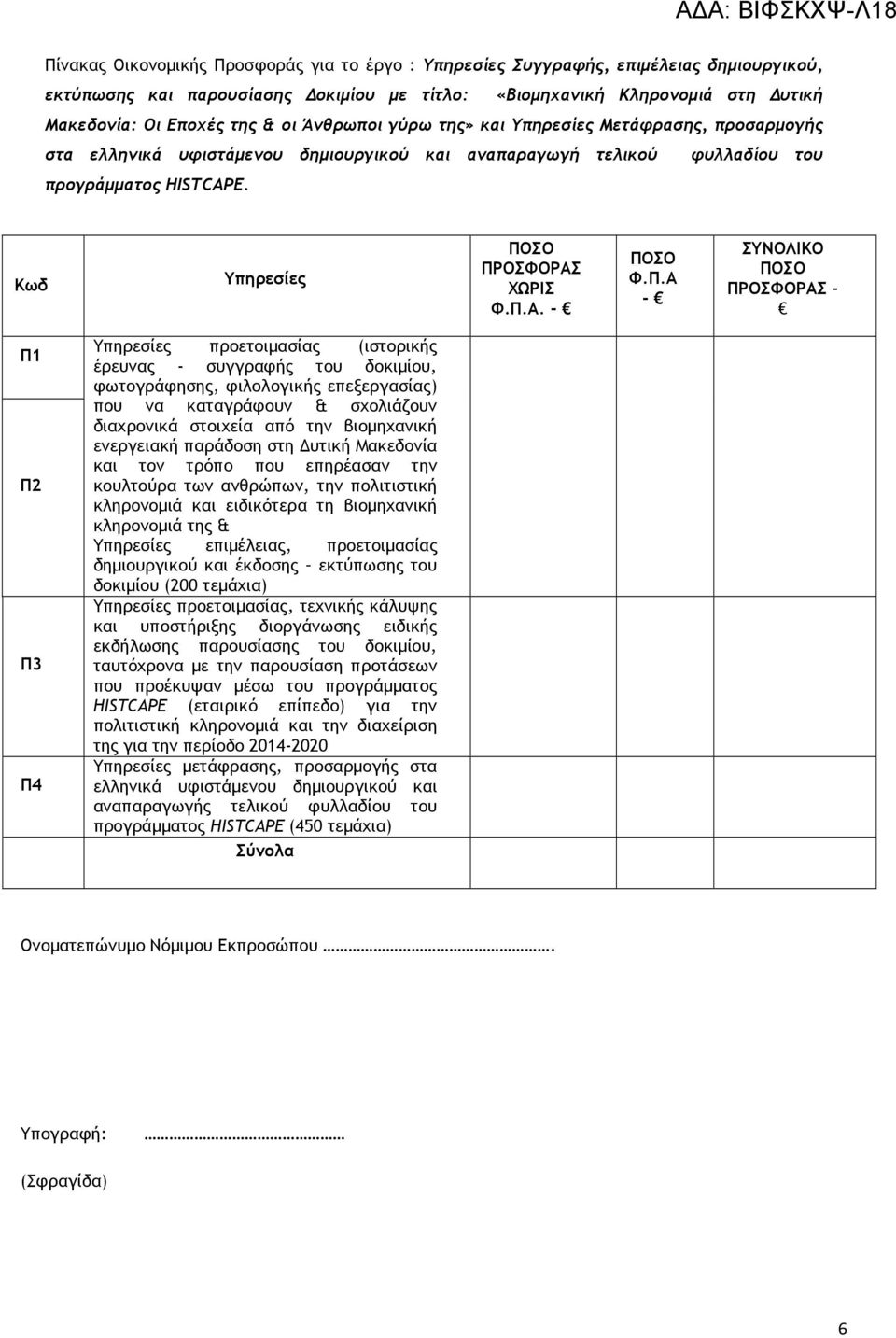 Π.Α - ΣΥΝΟΛΙΚΟ ΠΟΣΟ ΠΡΟΣΦΟΡΑΣ - Π1 Π2 Π3 Π4 Υπηρεσίες προετοιµασίας (ιστορικής έρευνας - συγγραφής του δοκιµίου, φωτογράφησης, φιλολογικής επεξεργασίας) που να καταγράφουν & σχολιάζουν διαχρονικά