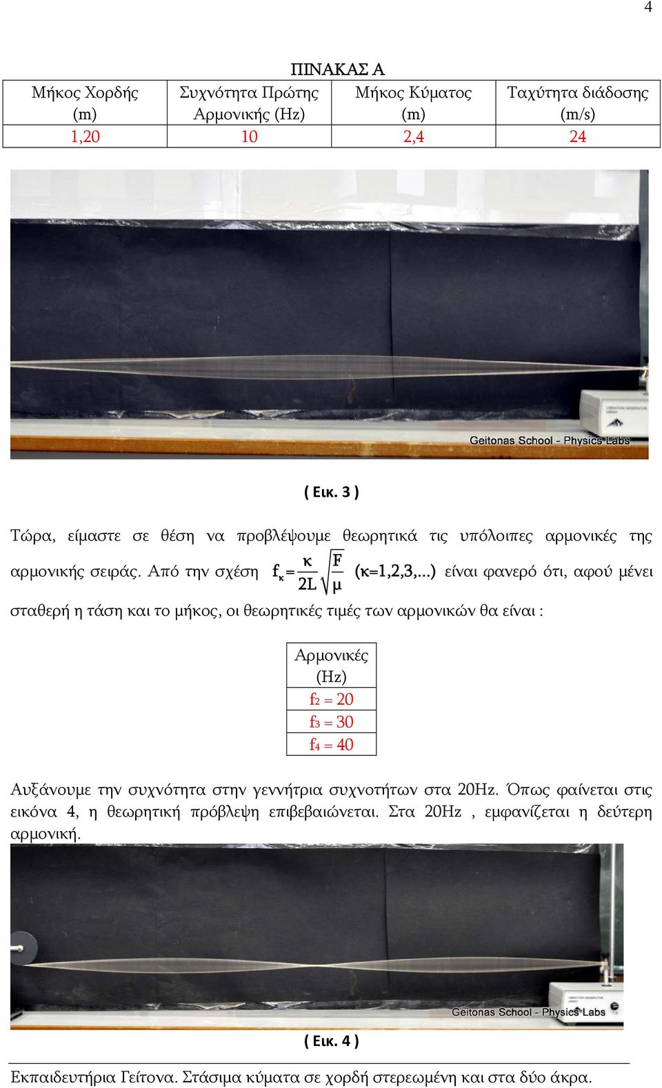 ..) είναι φανερό ότι, αφού μένει 2L μ σταθερή η τάση αι το μήος, οι θεωρητιές τιμές των αρμονιών θα είναι : Αρμονιές (Hz) f2 = 20 f3 = 30