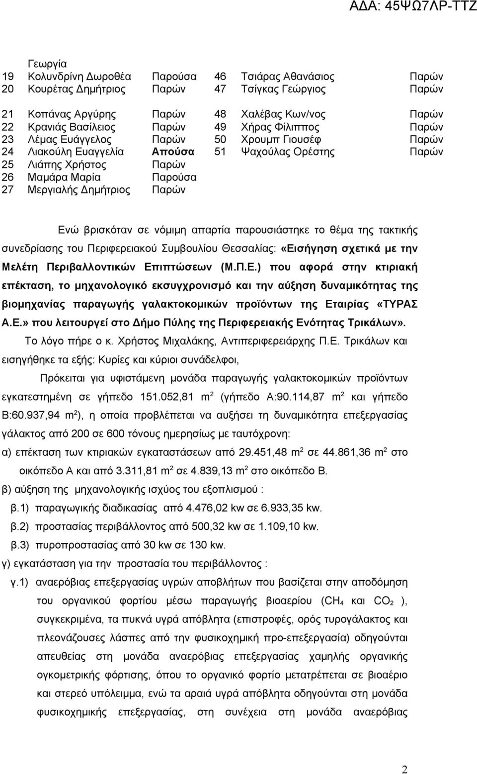 Παρών Ενώ βρισκόταν σε νόμιμη απαρτία παρουσιάστηκε το θέμα της τακτικής συνεδρίασης του Περιφερειακού Συμβουλίου Θεσσαλίας: «Εισήγηση σχετικά με την Μελέτη Περιβαλλοντικών Επιπτώσεων (Μ.Π.Ε.) που αφορά στην κτιριακή επέκταση, το μηχανολογικό εκσυγχρονισμό και την αύξηση δυναμικότητας της βιομηχανίας παραγωγής γαλακτοκομικών προϊόντων της Εταιρίας «ΤΥΡΑΣ Α.