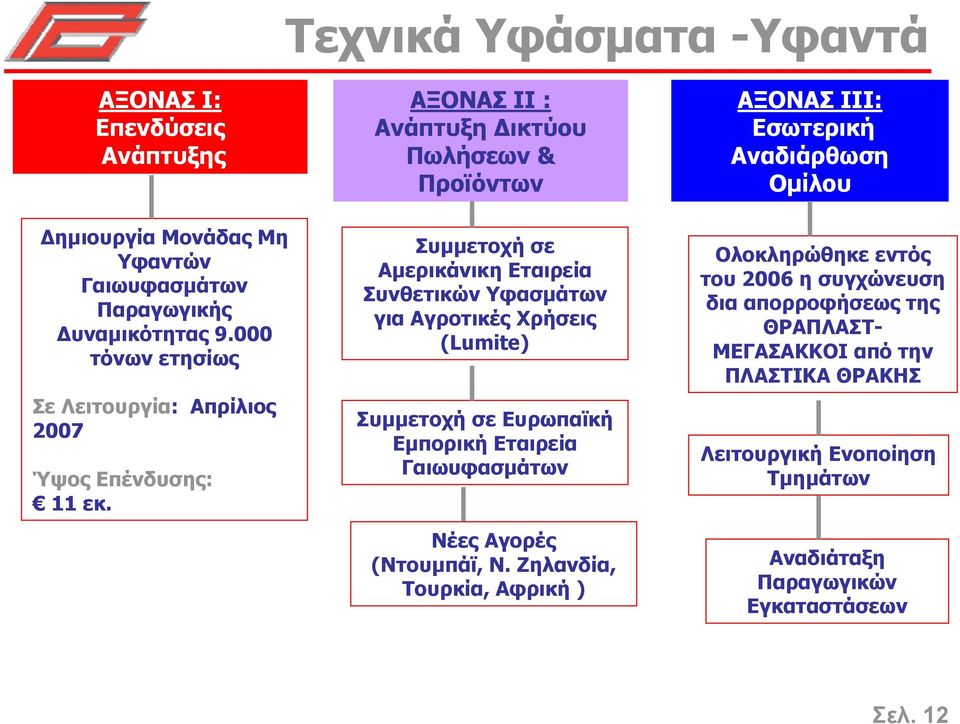 ΑΞΟΝΑΣ ΙΙ : Ανάπτυξη ικτύου Πωλήσεων & Προϊόντων Συµµετοχή σε Αµερικάνικη Εταιρεία Συνθετικών Υφασµάτων για Αγροτικές Χρήσεις (Lumite) Συµµετοχή σε Ευρωπαϊκή