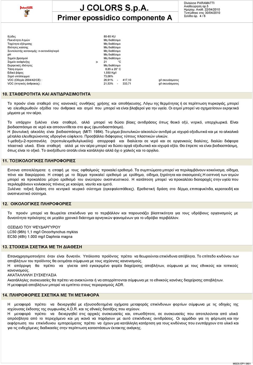 Ειδικό βάρος 1,550 Kg/l Ξηρό υπόλλειμμα: 73,06% VOC (Οδηγία 2004/42/CE) : 26,91% - 417,10 g/l σκευάσματος VOC (πτητικός άνθρακας) : 21,53% - 333,71 g/l σκευάσματος 10.