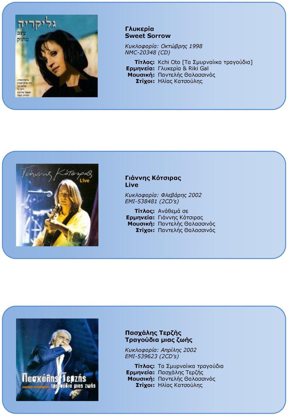 Φλεβάρης 2002 EMI-538481 (2CD s) Εξκελεία: Γηάλλεο Ιόηζηξαο Παζράιεο Τεξδήο Τξαγνύδηα κηαο