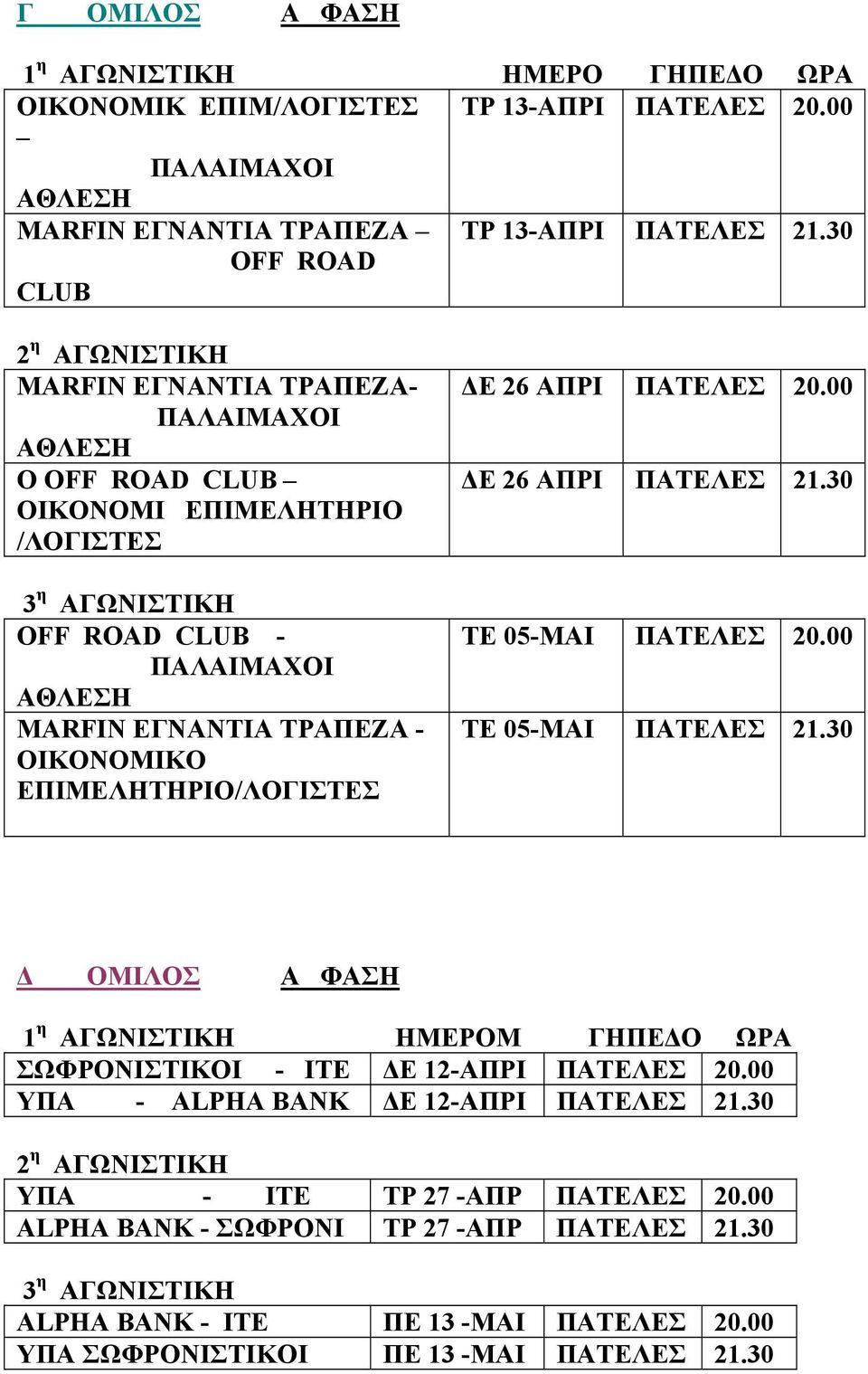 ΠΑΤΕΛΕΣ 20.00 ΔΕ 26 ΑΠΡΙ ΠΑΤΕΛΕΣ 21.30 ΤΕ 05-ΜΑΙ ΠΑΤΕΛΕΣ 20.00 ΤΕ 05-ΜΑΙ ΠΑΤΕΛΕΣ 21.30 Δ ΟΜΙΛΟΣ Α ΦΑΣΗ 1 η ΑΓΩΝΙΣΤΙΚΗ ΗΜΕΡΟΜ ΓΗΠΕΔΟ ΩΡΑ ΣΩΦΡΟΝΙΣΤΙΚΟΙ - ΙΤΕ ΔΕ 12-ΑΠΡΙ ΠΑΤΕΛΕΣ 20.