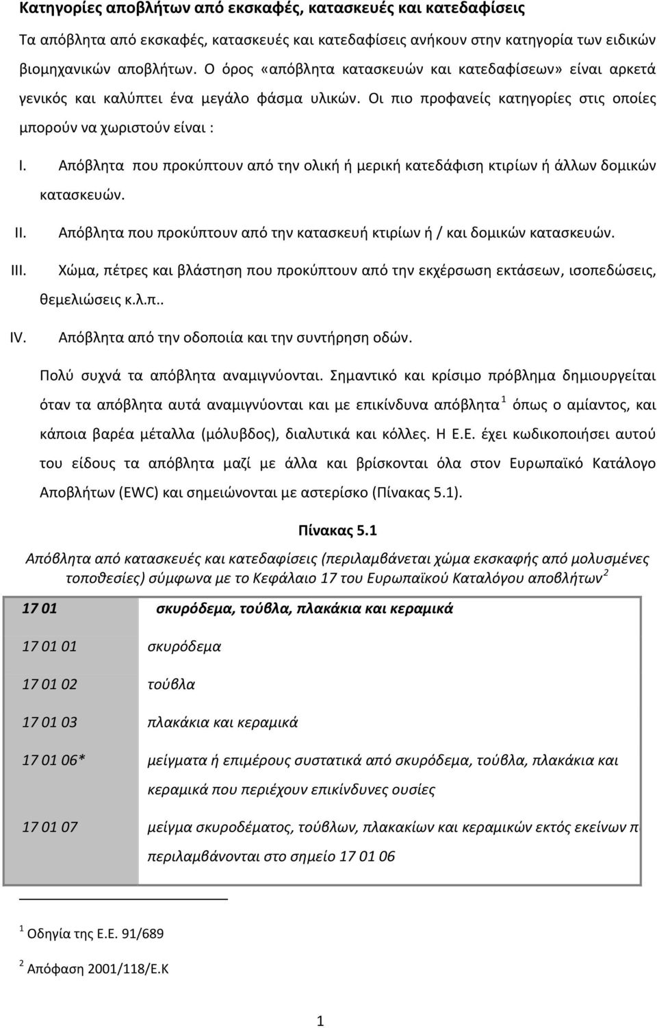 Απόβλητα που προκύπτουν από την ολική ή μερική κατεδάφιση κτιρίων ή άλλων δομικών κατασκευών. II. III. IV. Απόβλητα που προκύπτουν από την κατασκευή κτιρίων ή / και δομικών κατασκευών.