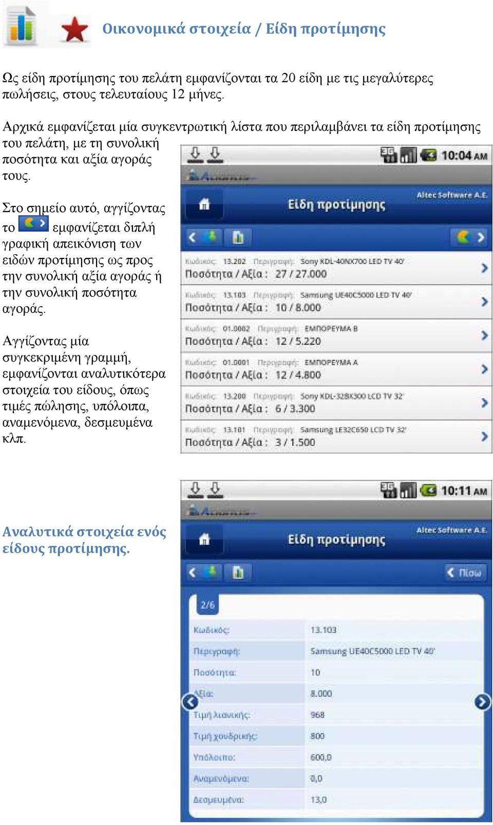 Στο σηµείο αυτό, αγγίζοντας το εµφανίζεται διπλή γραφική απεικόνιση των ειδών προτίµησης ως προς την συνολική αξία αγοράς ή την συνολική ποσότητα αγοράς.