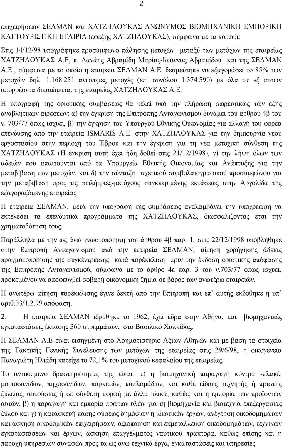 168.231 ανώνυμες μετοχές (επί συνόλου 1.374.390) με όλα τα εξ αυτών απορρέοντα δικαιώματα, της εταιρείας ΧΑΤΖΗΛΟΥΚΑΣ Α.Ε.