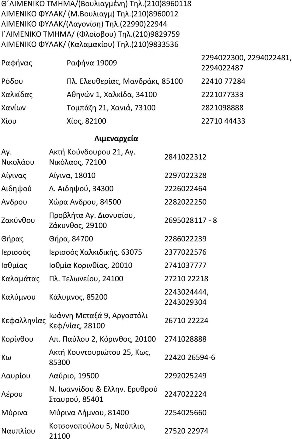 Ελευθερίας, Μανδράκι, 85100 22410 77284 Χαλκίδας Αθηνών 1, Χαλκίδα, 34100 2221077333 Χανίων Τομπάζη 21, Χανιά, 73100 2821098888 Αγ. Νικολάου Λιμεναρχεία Ακτή Κούνδουρου 21, Αγ.