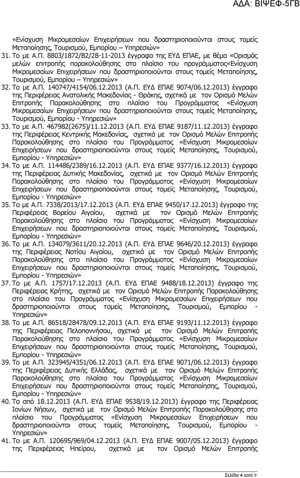 12.2013 (Α.Π. ΕΥΔ ΕΠΑΕ 9187/11.12.2013) έγγραφο της Περιφέρειας Κεντρικής Μακεδονίας, σχετικά με τον Ορισμό Μελών Επιτροπής 34. Το με Α.Π. 114486/2389/16.12.2013 (Α.Π. ΕΥΔ ΕΠΑΕ 9377/16.12.2013) έγγραφο της Περιφέρειας Δυτικής Μακεδονίας, σχετικά με τον Ορισμό Μελών Επιτροπής 35.