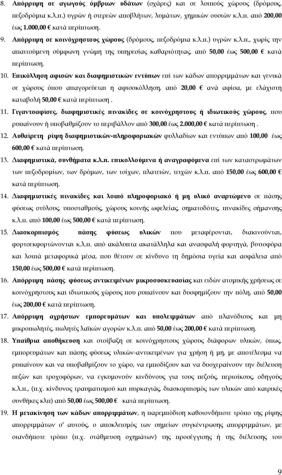 Επικόλληση αφισών και διαφημιστικών εντύπων επί των κάδων απορριμμάτων και γενικά σε χώρους όπου απαγορεύεται η αφισοκόλληση, από 20,00 ανά αφίσα, με ελάχιστη καταβολή 50,00 κατά περίπτωση. 11.