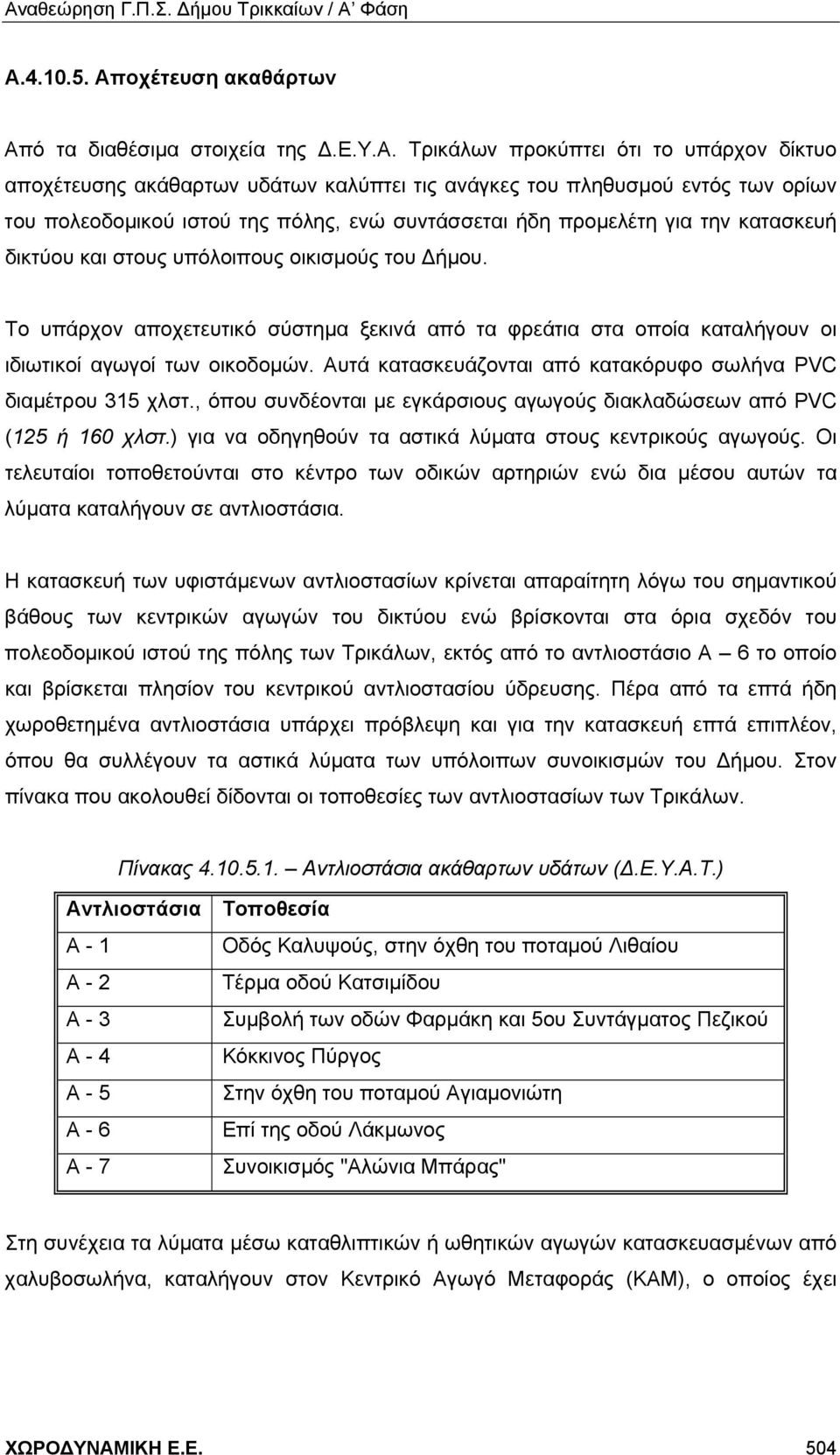 Το υπάρχον αποχετευτικό σύστημα ξεκινά από τα φρεάτια στα οποία καταλήγουν οι ιδιωτικοί αγωγοί των οικοδομών. Αυτά κατασκευάζονται από κατακόρυφο σωλήνα PVC διαμέτρου 315 χλστ.
