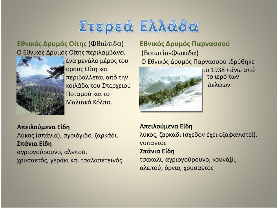 Εθνικός Δρυμός Παρνασσού (Βοιωτία-Φωκίδα) Ο Εθνικός Δρυμός Παρνασσού ιδρύθηκε το 1938 πάνω από το το ιερό των Δελφών.