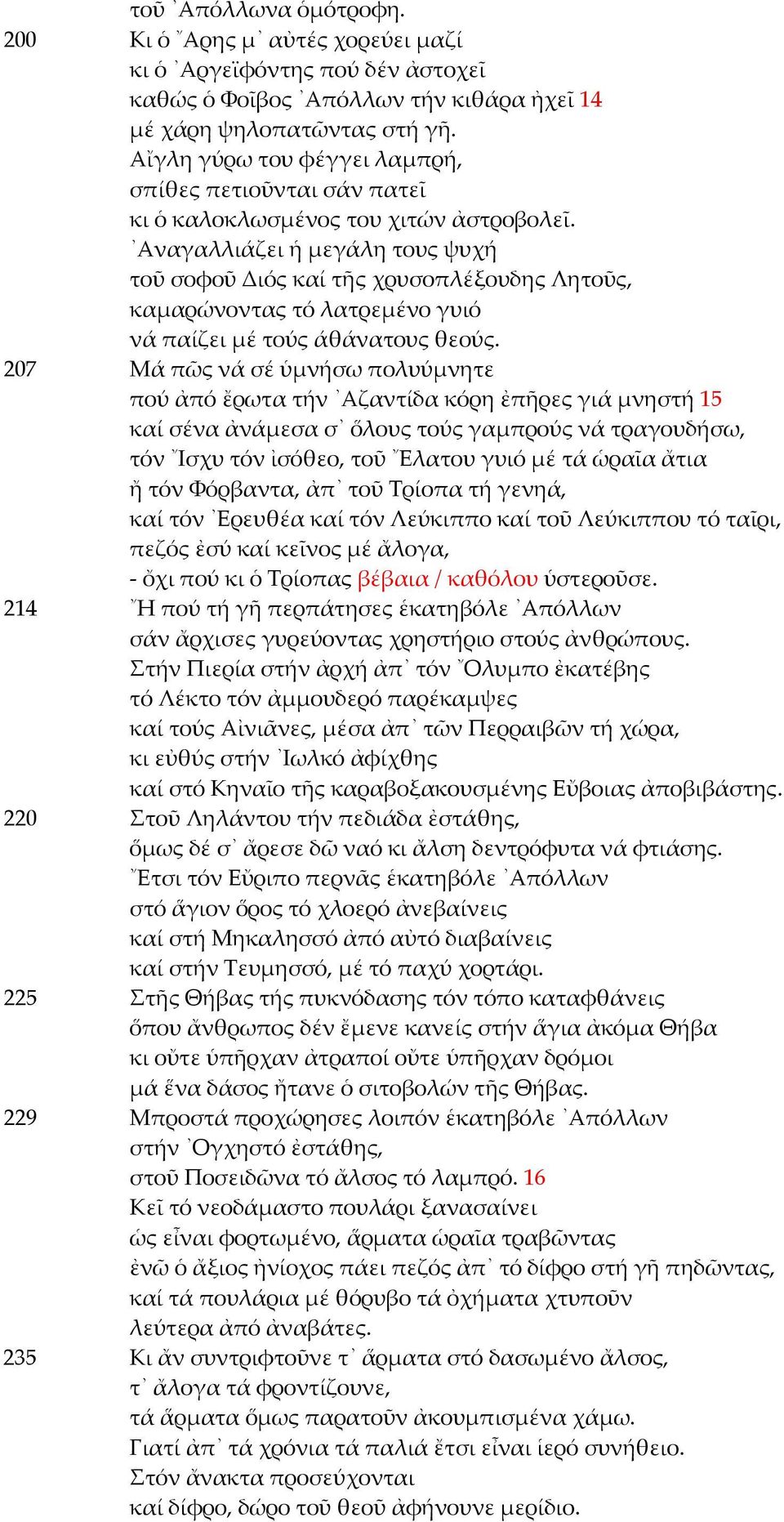 Αναγαλλιάζει ἡ μεγάλη τους ψυχή τοῦ σοφοῦ Διός καί τῆς χρυσοπλέξουδης Λητοῦς, καμαρώνοντας τό λατρεμένο γυιό νά παίζει μέ τούς άθάνατους θεούς.