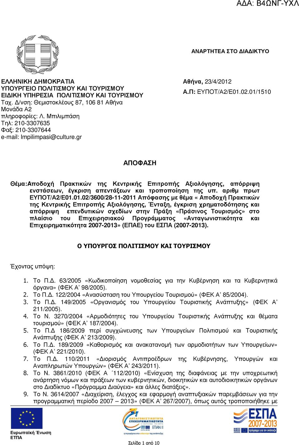 01/1510 ΑΠΟΦΑΣΗ Θέµα:Aποδοχή Πρακτικών της Κεντρικής Επιτροπής Αξιολόγησης, απόρριψη ενστάσεων, έγκριση απεντάξεων και τροποποίηση της υπ. αριθµ πρωτ ΕΥΠΟΤ/Α2/Ε01.01.02/3600/28-11-2011 Απόφασης µε