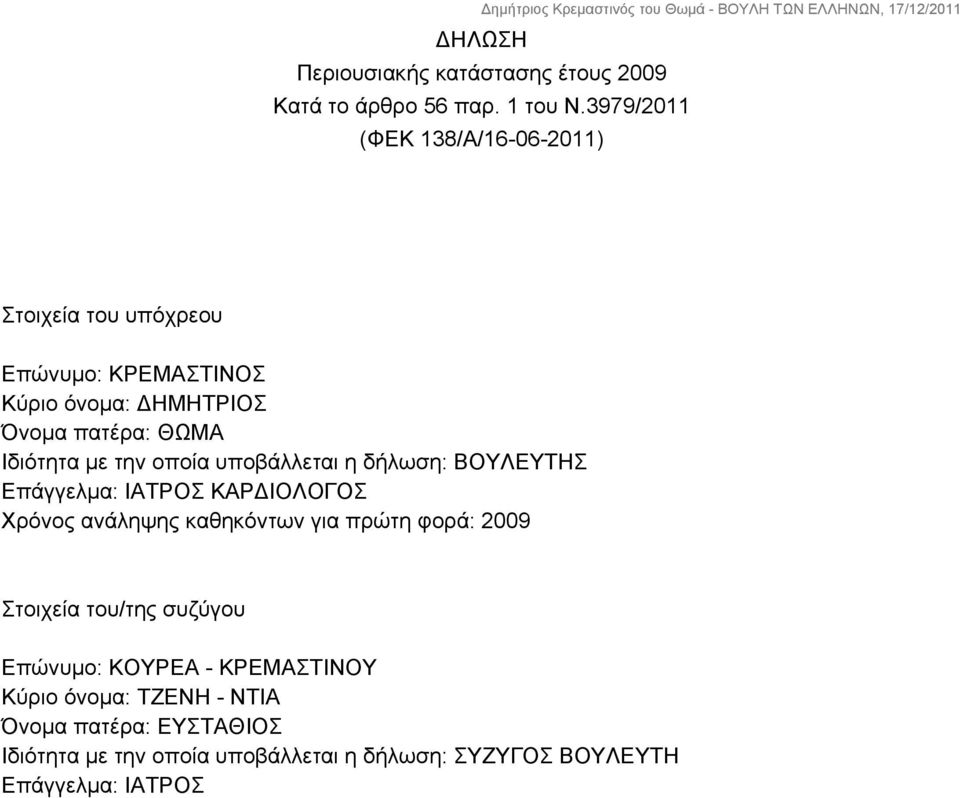 με την οποία υποβάλλεται η δήλωση: ΒΟΥΛΕΥΤΗΣ Επάγγελμα: ΙΑΤΡΟΣ ΚΑΡΔΙΟΛΟΓΟΣ Χρόνος ανάληψης καθηκόντων για πρώτη φορά: 2009