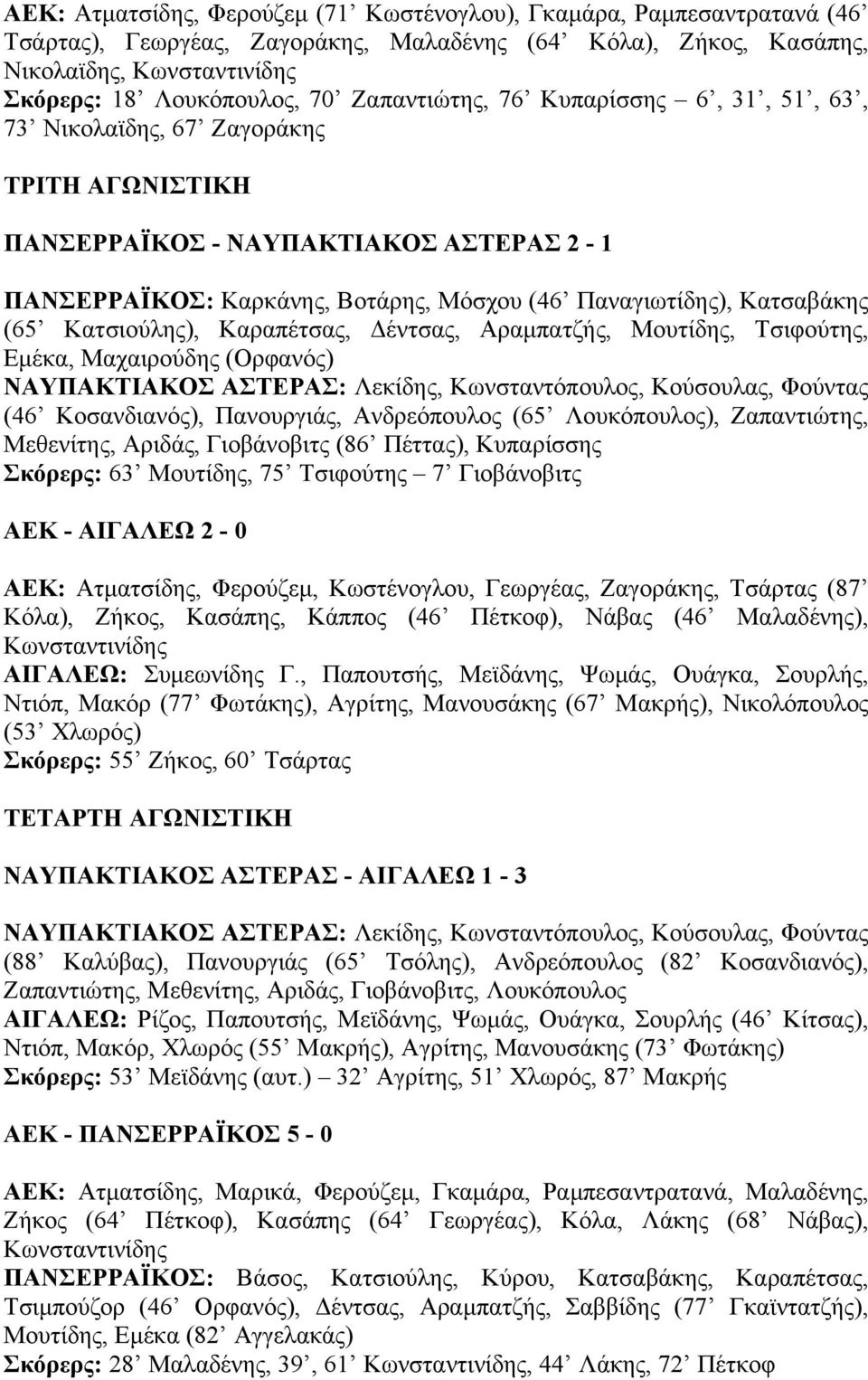 (65 Κατσιούλης), Καραπέτσας, έντσας, Αραµπατζής, Μουτίδης, Τσιφούτης, Εµέκα, Μαχαιρούδης (Ορφανός) ΝΑΥΠΑΚΤΙΑΚΟΣ ΑΣΤΕΡΑΣ: Λεκίδης, Κωνσταντόπουλος, Κούσουλας, Φούντας (46 Κοσανδιανός), Πανουργιάς,