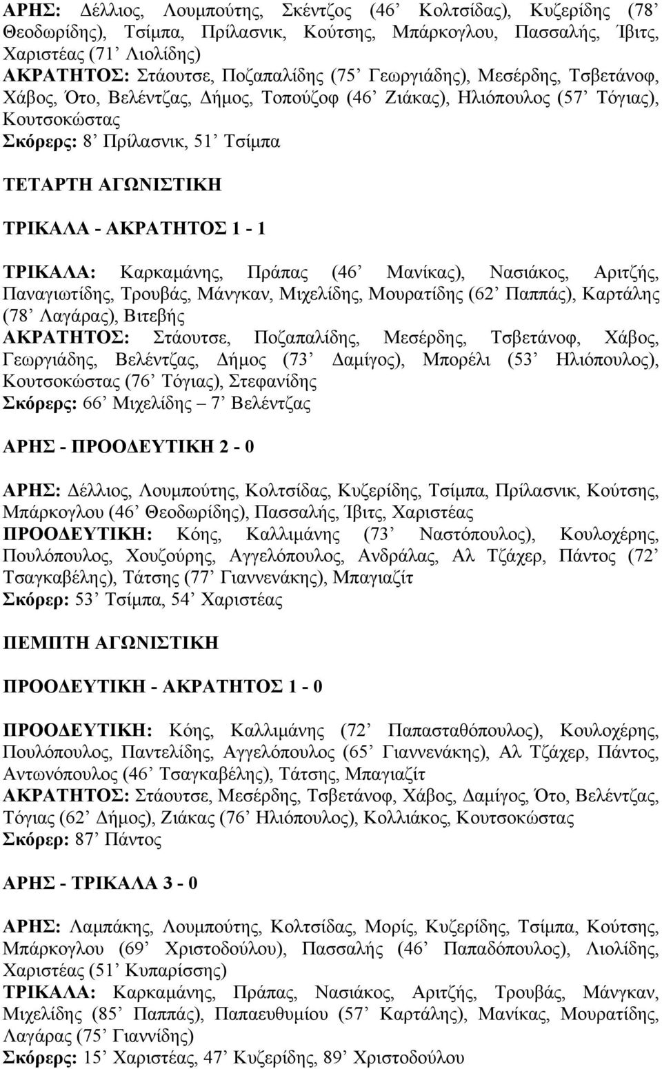 ΤΡΙΚΑΛΑ: Καρκαµάνης, Πράπας (46 Μανίκας), Νασιάκος, Αριτζής, Παναγιωτίδης, Τρουβάς, Μάνγκαν, Μιχελίδης, Μουρατίδης (62 Παππάς), Καρτάλης (78 Λαγάρας), Βιτεβής ΑΚΡΑΤΗΤΟΣ: Στάουτσε, Ποζαπαλίδης,