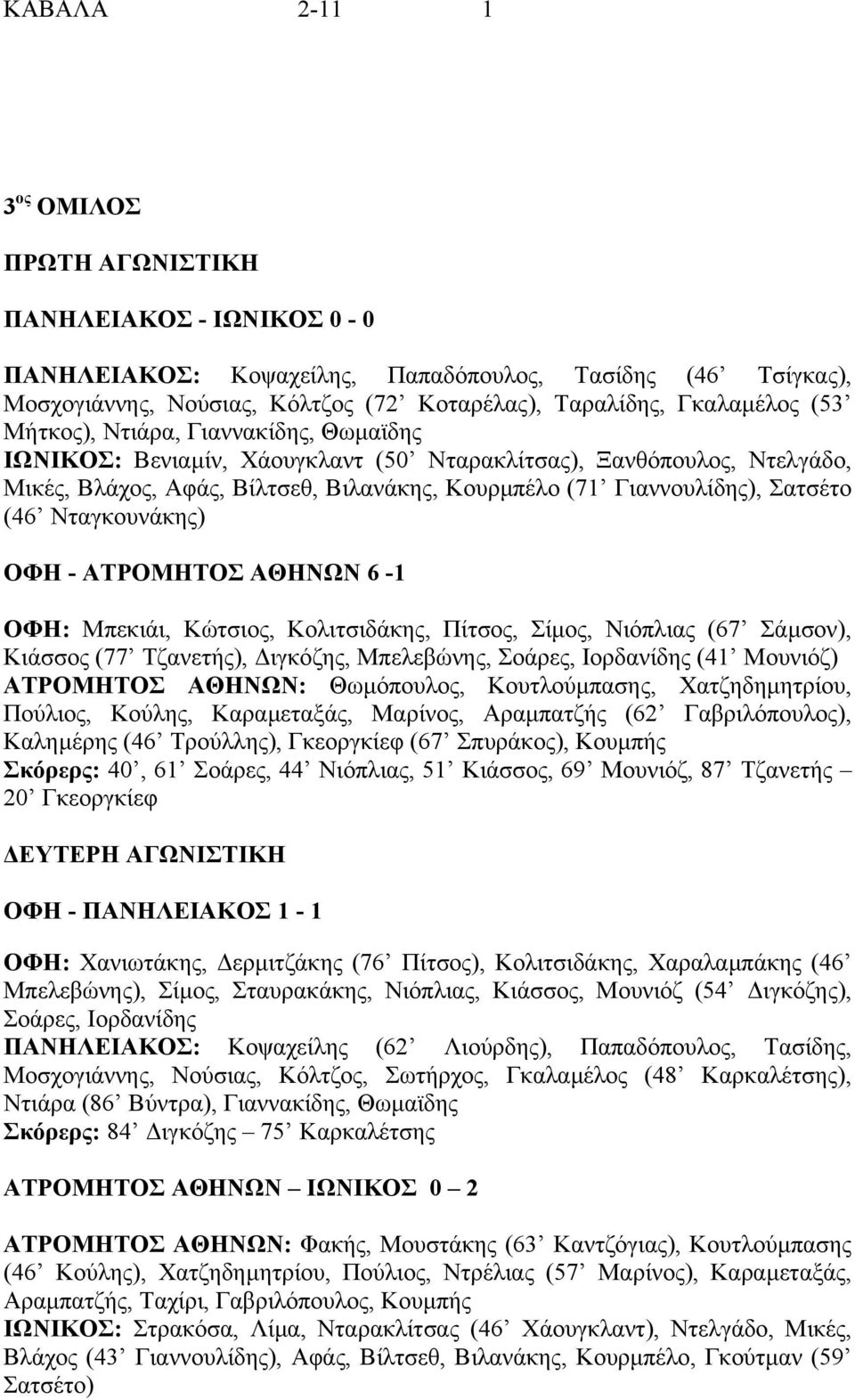 Νταγκουνάκης) ΟΦΗ - ΑΤΡΟΜΗΤΟΣ ΑΘΗΝΩΝ 6-1 ΟΦΗ: Μπεκιάι, Κώτσιος, Κολιτσιδάκης, Πίτσος, Σίµος, Νιόπλιας (67 Σάµσον), Κιάσσος (77 Τζανετής), ιγκόζης, Μπελεβώνης, Σοάρες, Ιορδανίδης (41 Μουνιόζ)
