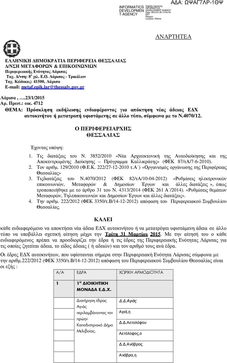 4070/12. Έχοντας υπόψη: O ΠΕΡΙΦΕΡΕΙΑΡΧΗΣ ΘΕΣΣΑΛΙΑΣ 1. Τις διατάξεις του Ν. 3852/2010 «Νέα Αρχιτεκτονική της Αυτοδιοίκησης και της Αποκεντρωµένης ιοίκησης Πρόγραµµα Καλλικράτης» (ΦΕΚ 87/τΑ/7-6-2010).