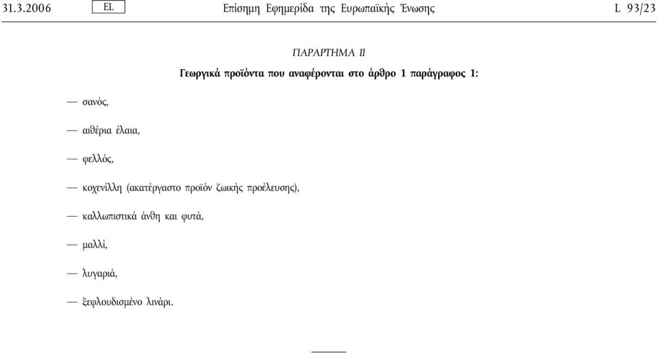 σανός, αιθέρια έλαια, φελλός, κοχενίλλη (ακατέργαστο προϊόν ζωικής