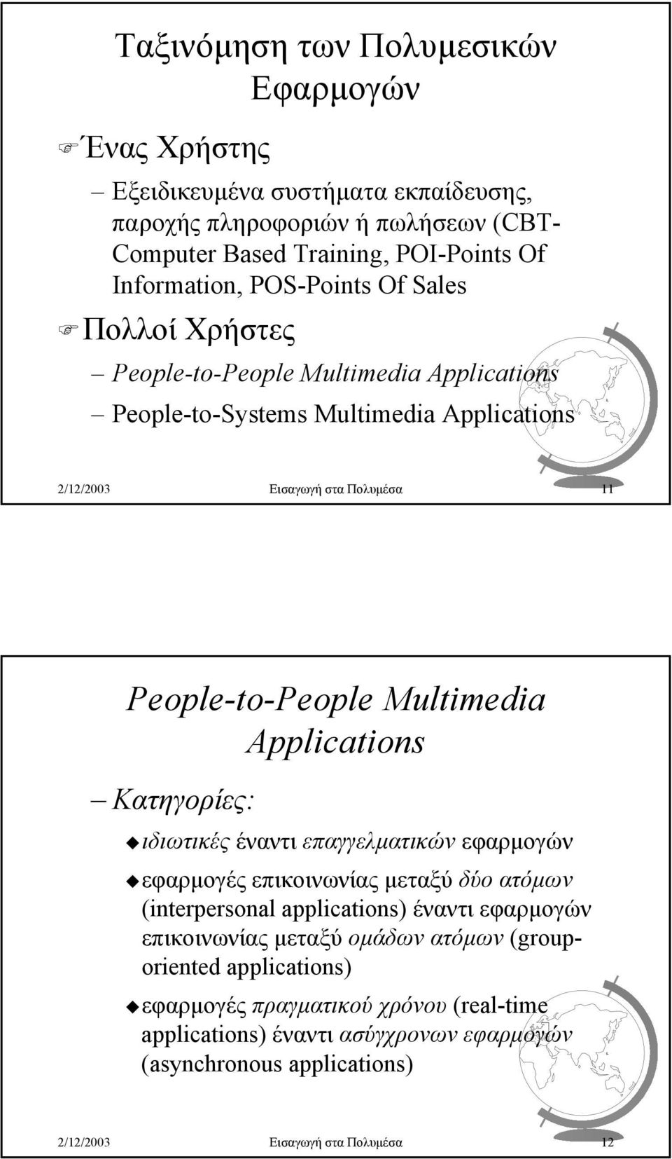 Multimedia Applications Κατηγορίες: ιδιωτικές έναντι επαγγελµατικών εφαρµογών εφαρµογές επικοινωνίας µεταξύ δύο ατόµων (interpersonal applications) έναντι εφαρµογών επικοινωνίας