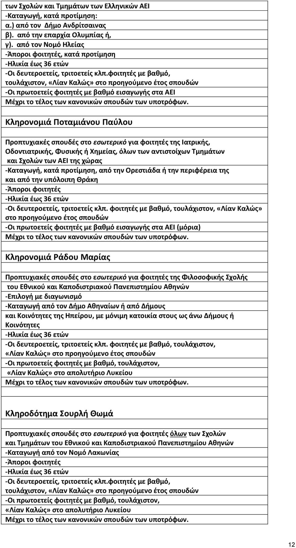 φοιτθτζσ µε βακµό, τουλάχιςτον, «Οίαν Ξαλϊσ» ςτο προθγοφµενο ζτοσ ςπουδϊν -Σι πρωτοετείσ φοιτθτζσ με βακµό ειςαγωγισ ςτα ΑΕΛ Πζχρι το τζλοσ των κανονικϊν ςπουδϊν των υποτρόφων.