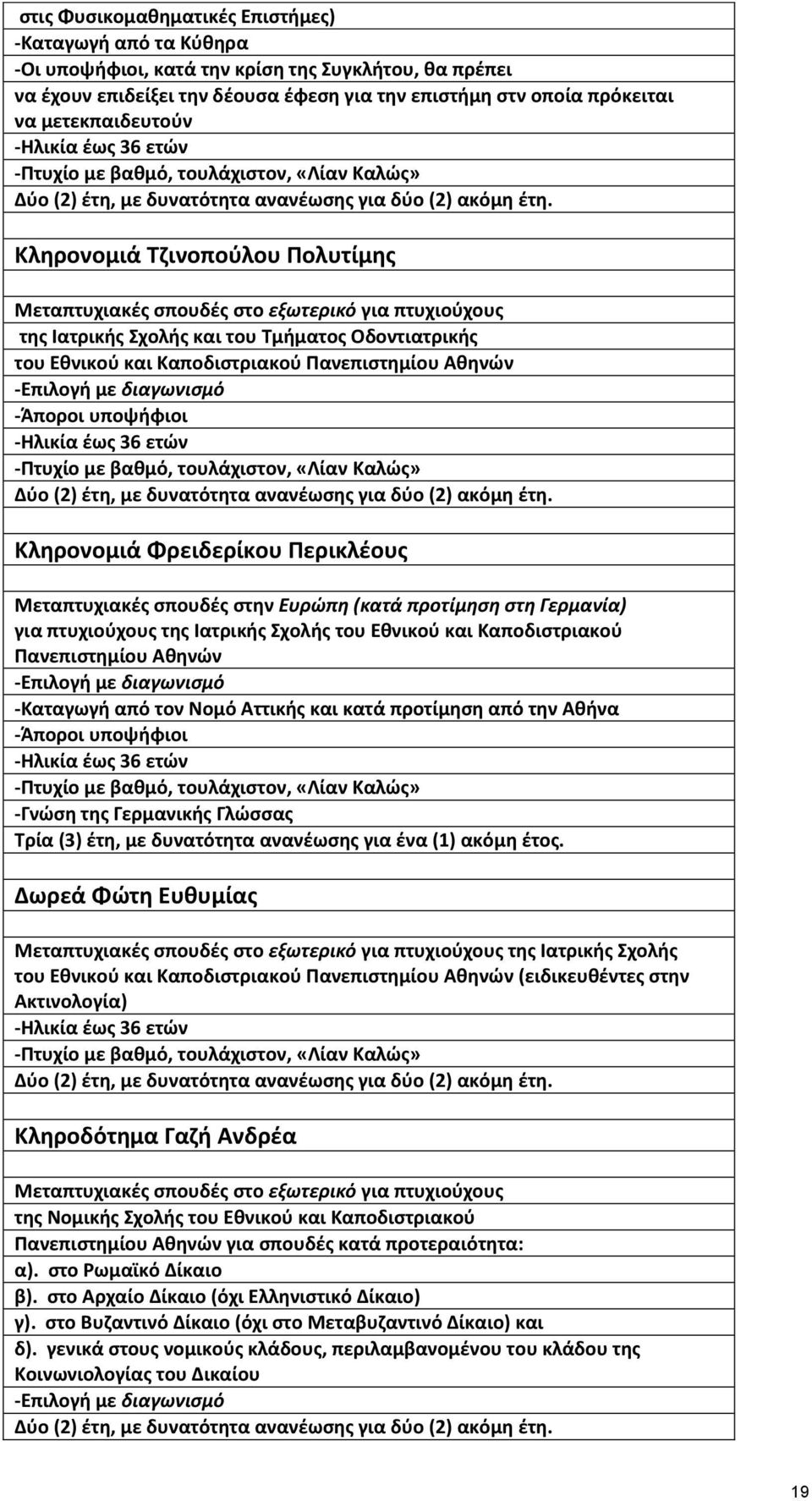 Ξλθρονομιά Ψηινοποφλου Υολυτίμθσ Πεταπτυχιακζσ ςπουδζσ ςτο εξωτερικό για πτυχιοφχουσ τθσ Λατρικισ Χχολισ και του Ψµιµατοσ Σδοντιατρικισ του Εκνικοφ και Ξαποδιςτριακοφ Υανεπιςτθµίου Ακθνϊν -Επιλογι µε