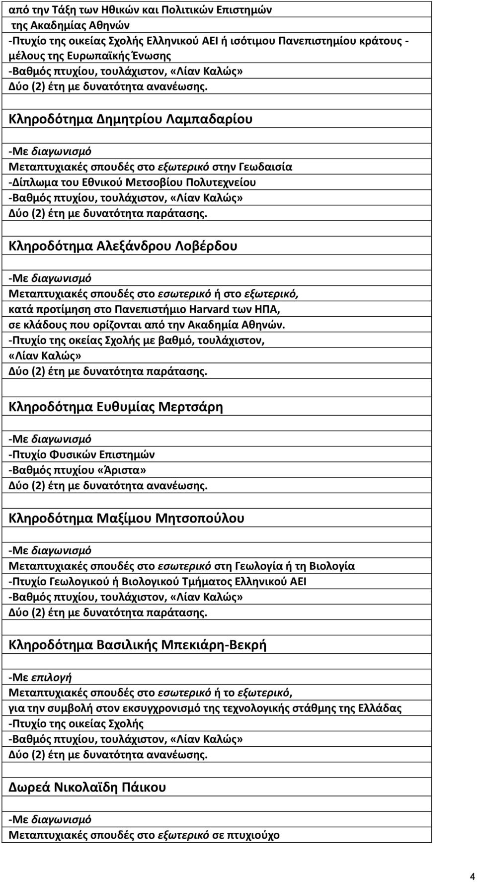 Ξλθροδότθμα Δθμθτρίου Οαμπαδαρίου -Πε διαγωνιςμό Πεταπτυχιακζσ ςπουδζσ ςτο εξωτερικό ςτθν Γεωδαιςία -Δίπλωμα του Εκνικοφ Πετςοβίου Υολυτεχνείου -Βακµόσ πτυχίου, τουλάχιςτον, «Οίαν Ξαλϊσ» φο (2) ζτθ