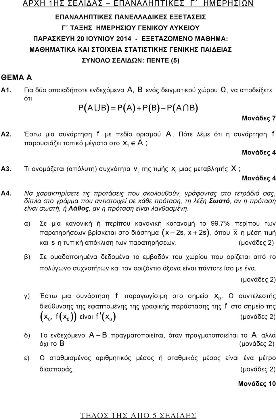 Έστω μια συάρτηση f με πεδίο ορισμού A. Πότε λέμε ότι η συάρτηση f παρουσιάζει τοπικό μέγιστο στο x1 A ; Μοάδες 4 Α3. Τι οομάζεται (απόλυτη) συχότητα v της τιμής x μιας μεταβλητής X ; Μοάδες 4 Α4.