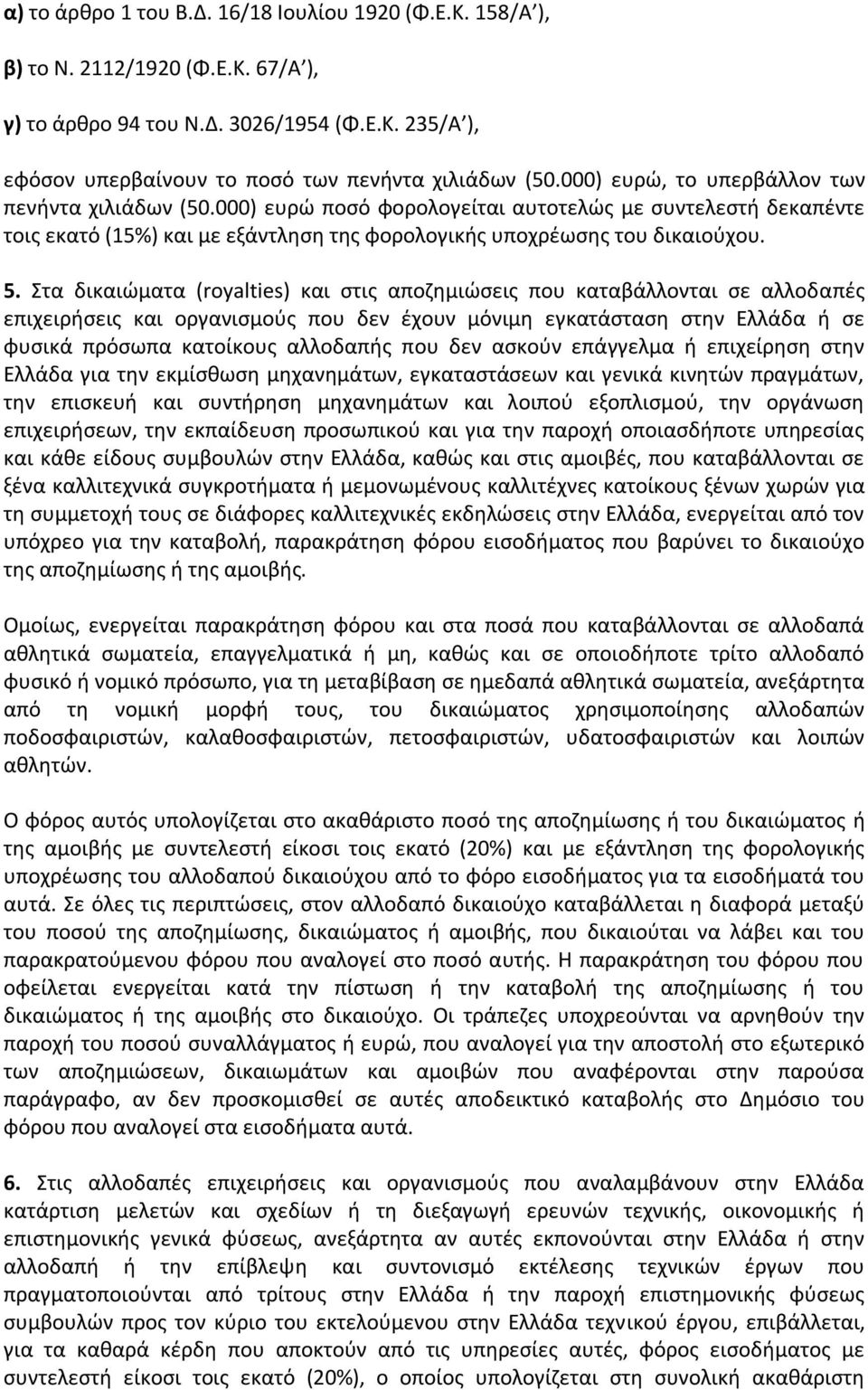 Στα δικαιώματα (royalties) και στις αποζημιώσεις που καταβάλλονται σε αλλοδαπές επιχειρήσεις και οργανισμούς που δεν έχουν μόνιμη εγκατάσταση στην Ελλάδα ή σε φυσικά πρόσωπα κατοίκους αλλοδαπής που