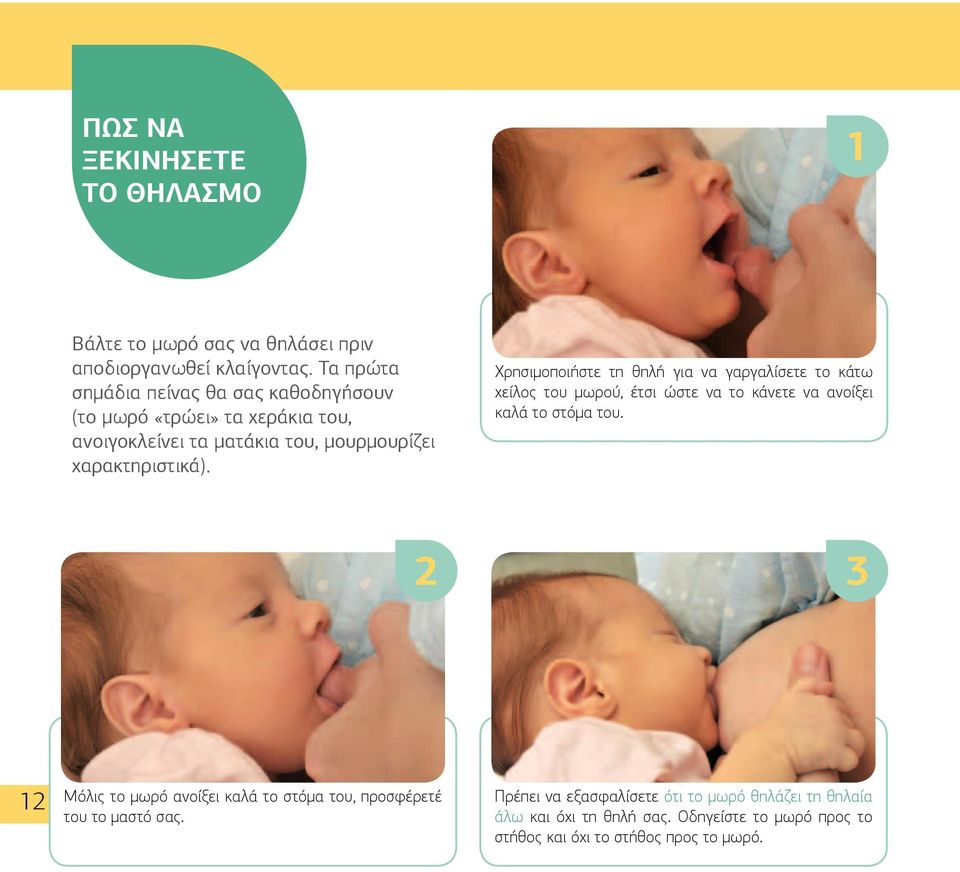 Χρησιμοποιήστε τη θηλή για να γαργαλίσετε το κάτω χείλος του μωρού, έτσι ώστε να το κάνετε να ανοίξει καλά το στόμα του.