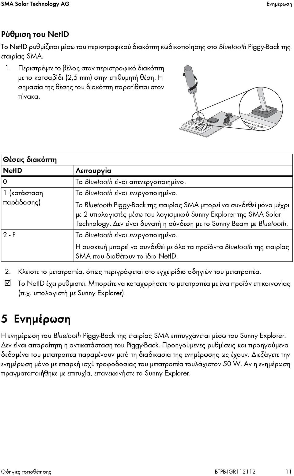 Θέσεις διακόπτη NetID Λειτουργία 0 Το Bluetooth είναι απενεργοποιημένο. 1 (κατάσταση Το Bluetooth είναι ενεργοποιημένο.