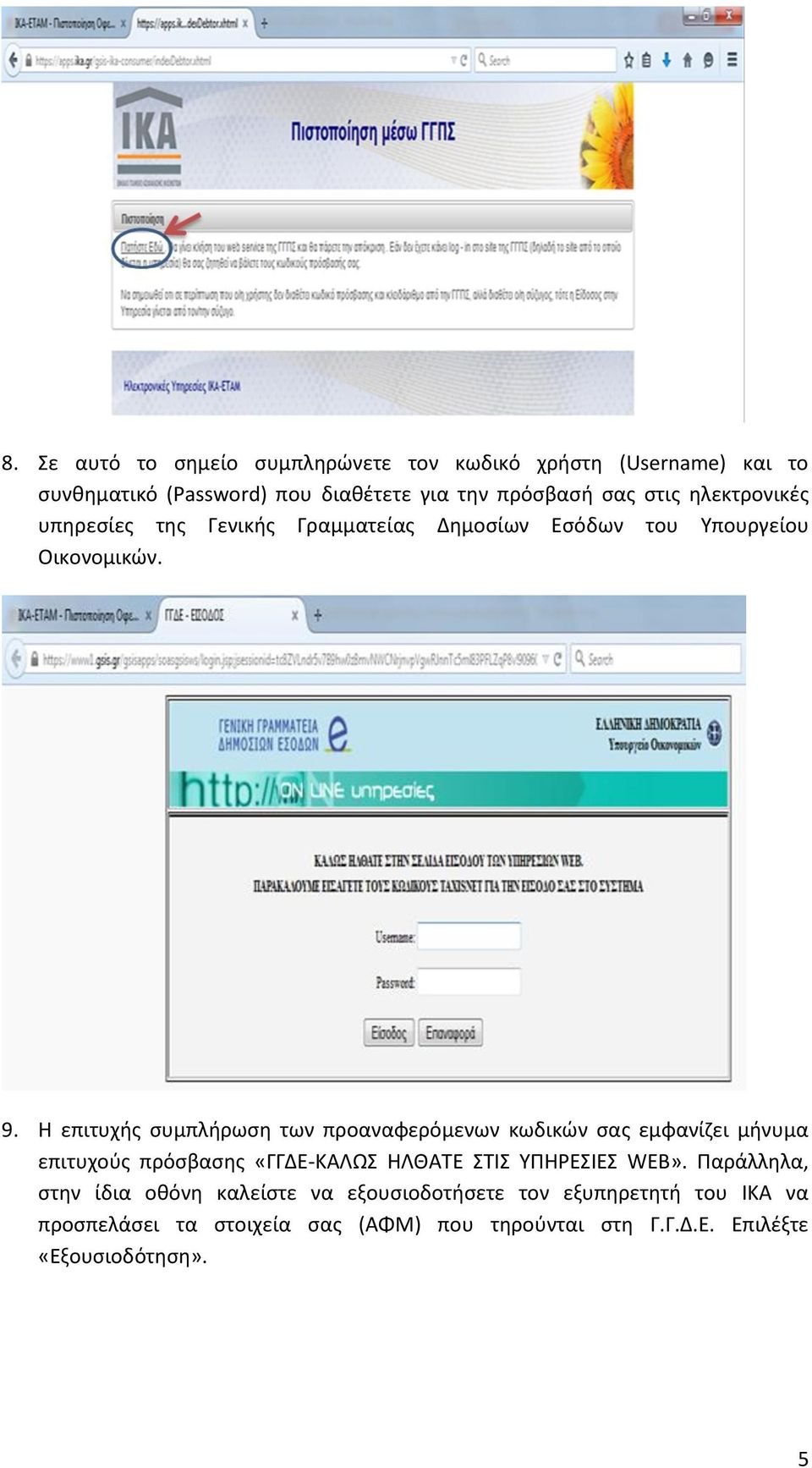 Η επιτυχής συμπλήρωση των προαναφερόμενων κωδικών σας εμφανίζει μήνυμα επιτυχούς πρόσβασης «ΓΓΔΕ-ΚΑΛΩΣ ΗΛΘΑΤΕ ΣΤΙΣ ΥΠΗΡΕΣΙΕΣ WEB».