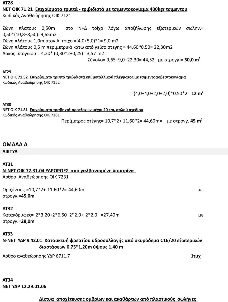 Σύνολο= 9,65+9,0+22,30= 44,52 με στρογγ.= 50,0 m 2 ΑΤ29 ΝΕΤ ΟΙΚ 71.