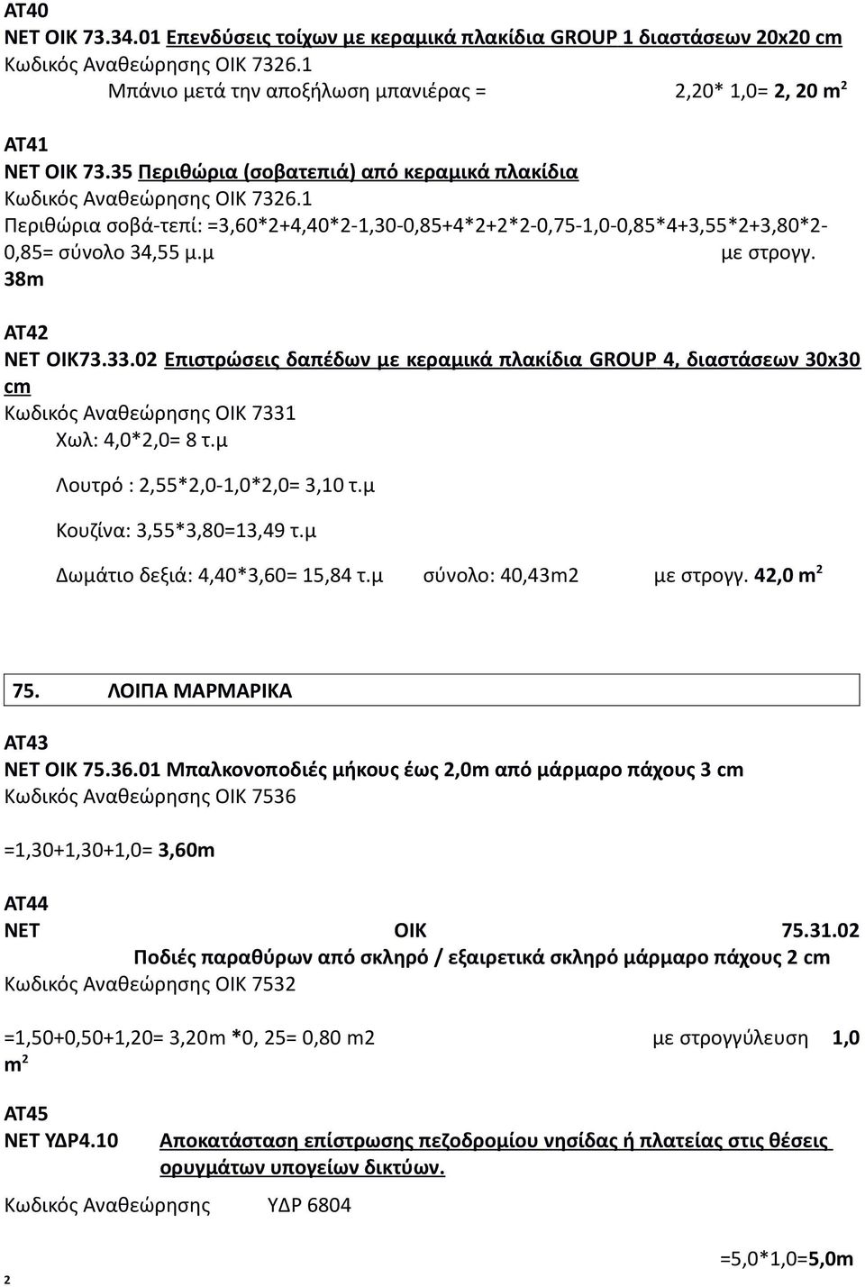 38m ΑΤ42 ΝΕΤ ΟΙΚ73.33.02 Επιστρώσεις δαπέδων με κεραμικά πλακίδια GROUP 4, διαστάσεων 30 x 30 cm Κωδικός Αναθεώρησης ΟΙΚ 7331 Χωλ: 4,0*2,0= 8 τ.μ Λουτρό : 2,55*2,0-1,0*2,0= 3,10 τ.