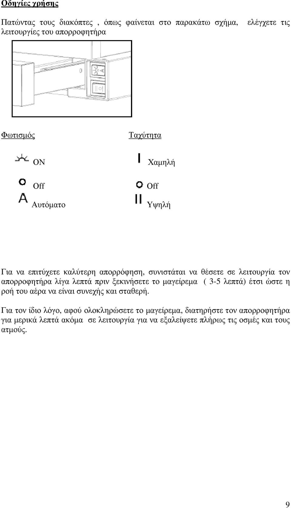 πριν ξεκινήσετε το µαγείρεµα ( 3-5 λεπτά) έτσι ώστε η ροή του αέρα να είναι συνεχής και σταθερή.