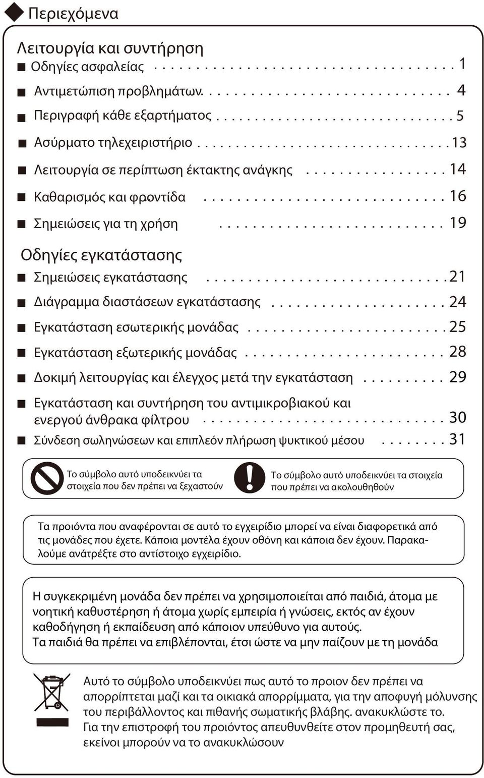 .. 4 Περιγραφή κάθε εξαρτήματος...5 Δοκιμή λειτουργίας και έλεγχος μετά την εγκατάσταση... 29 Εγκατάσταση και συντήρηση του αντιμικροβιακού και ενεργού άνθρακα φίλτρου.