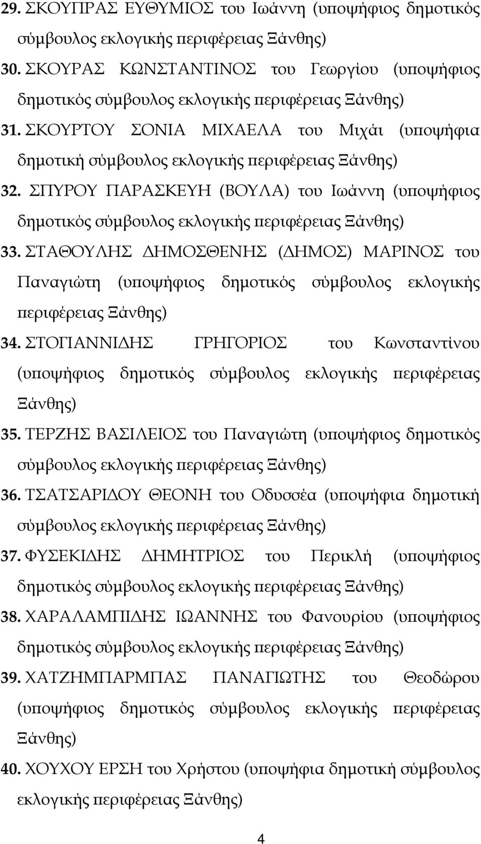 ΣΤΟΓΙΑΝΝΙ ΗΣ ΓΡΗΓΟΡΙΟΣ του Κωνσταντίνου 35. ΤΕΡΖΗΣ ΒΑΣΙΛΕΙΟΣ του Παναγιώτη (υ οψήφιος δηµοτικός 36. ΤΣΑΤΣΑΡΙ ΟΥ ΘΕΟΝΗ του Οδυσσέα (υ οψήφια δηµοτική 37.