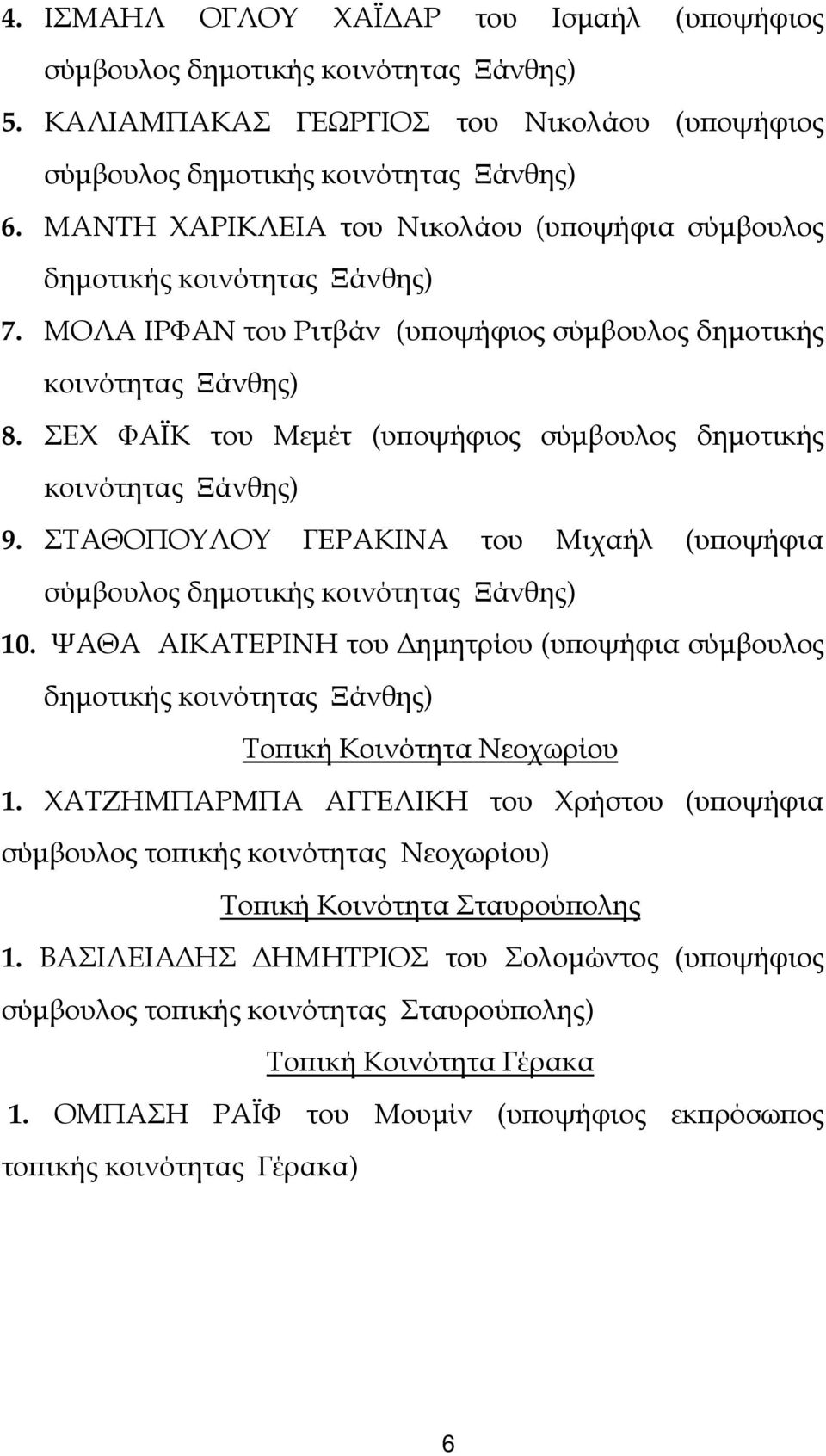 ΣΕΧ ΦΑΪΚ του Μεµέτ (υ οψήφιος σύµβουλος δηµοτικής κοινότητας 9. ΣΤΑΘΟΠΟΥΛΟΥ ΓΕΡΑΚΙΝΑ του Μιχαήλ (υ οψήφια σύµβουλος δηµοτικής κοινότητας 10.