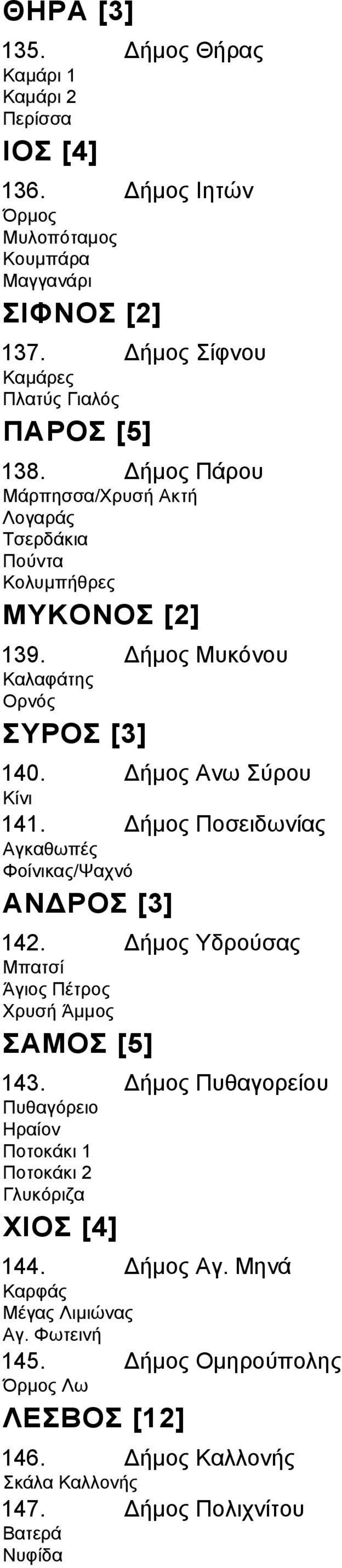 ήµος Μυκόνου Καλαφάτης Ορνός ΣΥΡΟΣ [3] 140. ήµος Ανω Σύρου Κίνι 141. ήµος Ποσειδωνίας Αγκαθωπές Φοίνικας/Ψαχνό ΑΝ ΡΟΣ [3] 142.