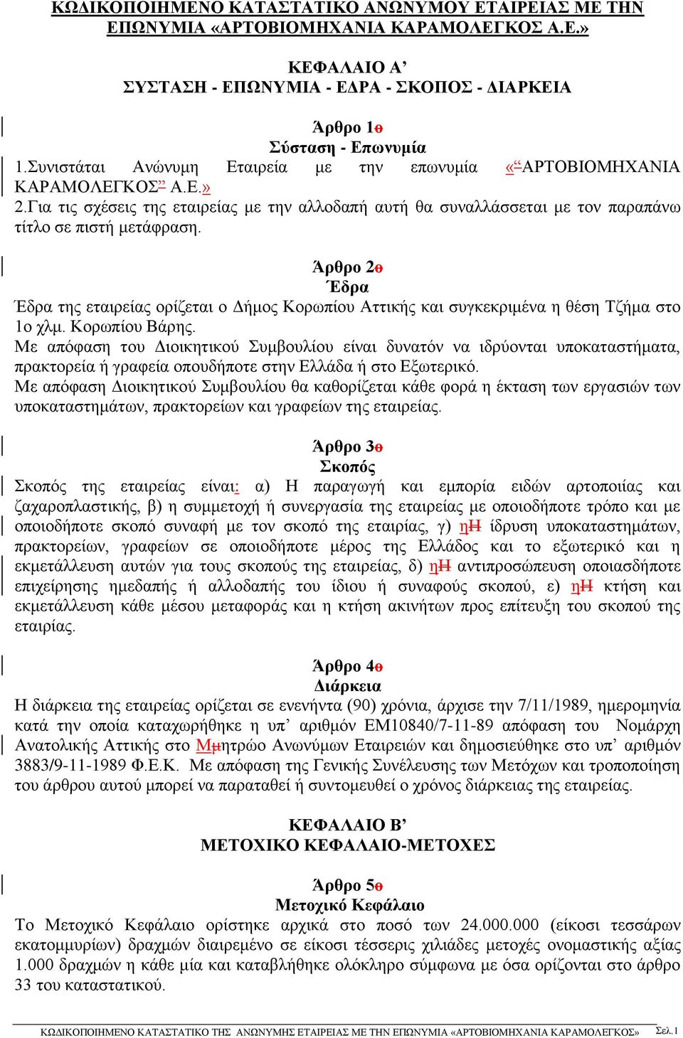 Άρθρο 2ο Έδρα Έδρα της εταιρείας ορίζεται ο Δήμος Κορωπίου Αττικής και συγκεκριμένα η θέση Τζήμα στο 1ο χλμ. Κορωπίου Βάρης.