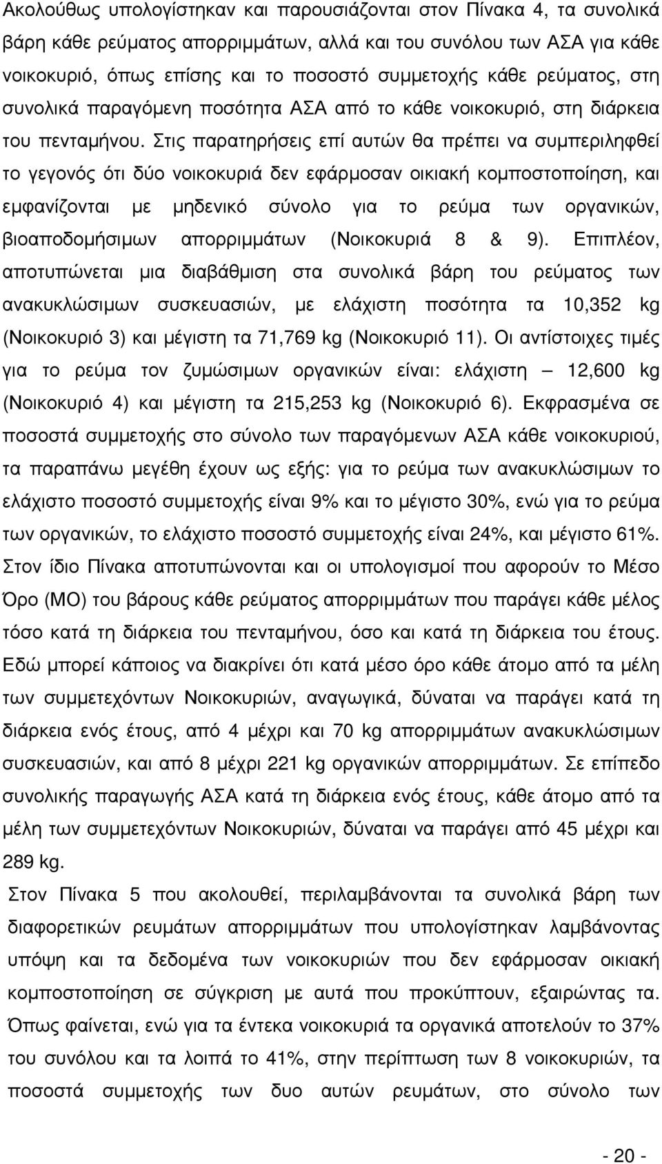 Στις παρατηρήσεις επί αυτών θα πρέπει να συµπεριληφθεί το γεγονός ότι δύο νοικοκυριά δεν εφάρµοσαν οικιακή κοµποστοποίηση, και εµφανίζονται µε µηδενικό σύνολο για το ρεύµα των οργανικών,