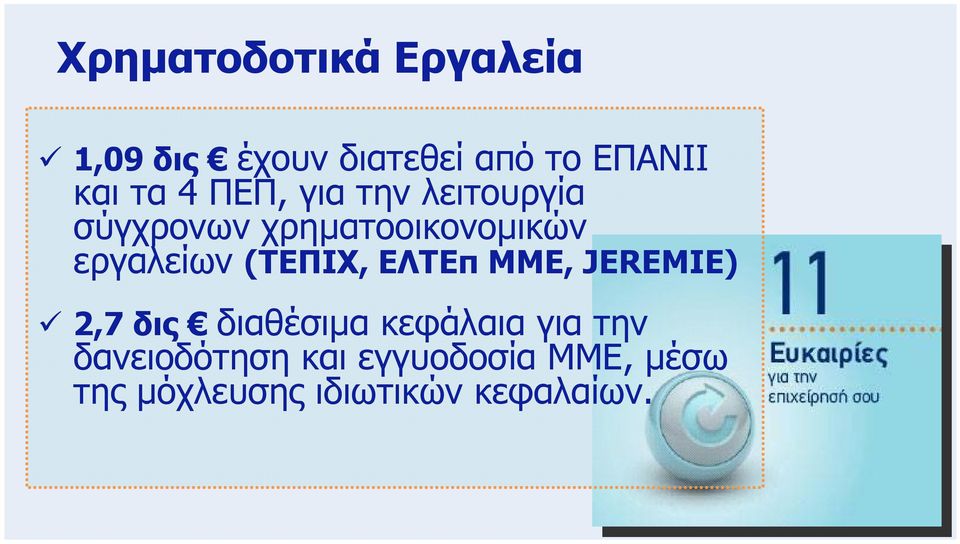 εργαλείων (ΤΕΠΙΧ, ΕΛΤΕπ ΜΜΕ, JEREMIE) 2,7 δις διαθέσιµα