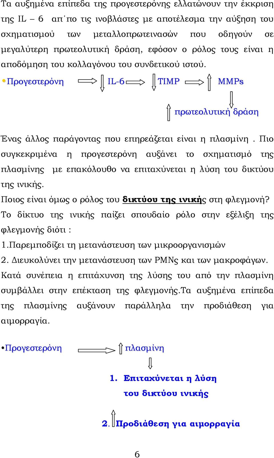 Πιο συγκεκριμένα η προγεστερόνη αυξάνει το σχηματισμό της πλασμίνης με επακόλουθο να επιταχύνεται η λύση του δικτύου της ινικής. Ποιος είναι όμως ο ρόλος του δικτύου της ινικής στη φλεγμονή?