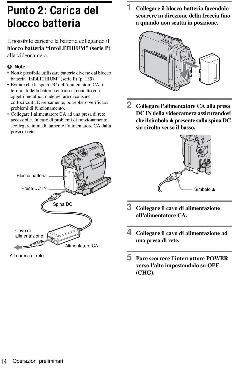 135). Evitare che la spina DC dell alimentatore CA o i terminali della batteria entrino in contatto con oggetti metallici, onde evitare di causare cortocircuiti.