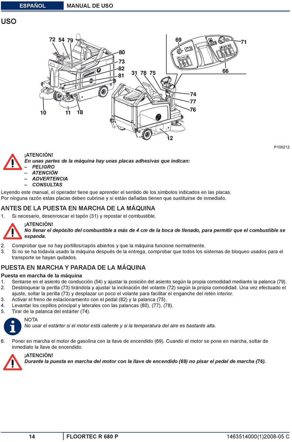 las placas. Por ninguna razón estas placas deben cubrirse y si están dañadas tienen que sustituirse de inmediato. ANTES DE LA PUESTA EN MARCHA DE LA MÁQUINA 1.