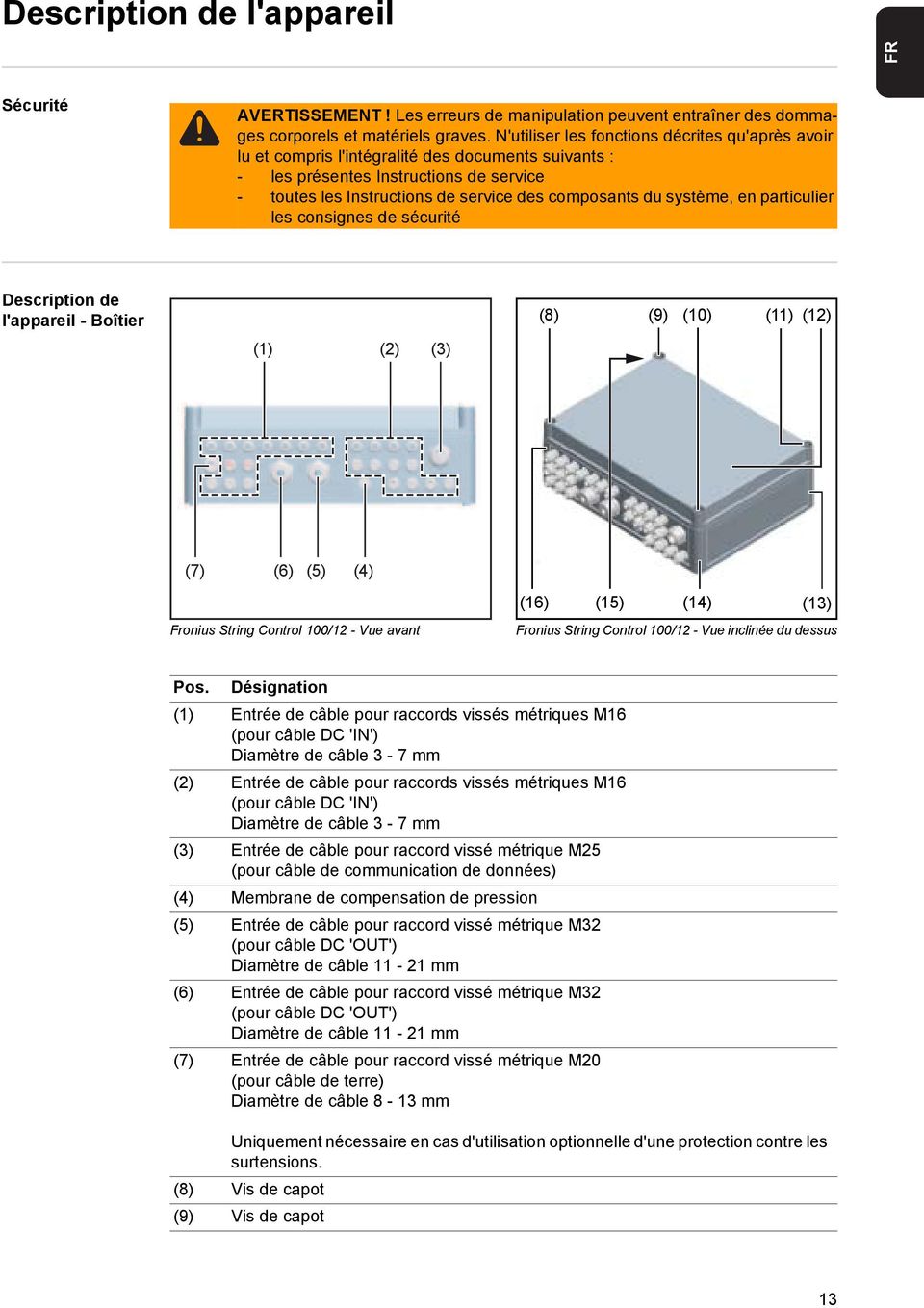 système, en particulier les consignes de sécurité Description de l'appareil - Boîtier () (2) (3) (8) (9) (0) () (2) (7) (6) (5) (4) Fronius String Control 00/2 - Vue avant (6) (5) (4) (3) Fronius