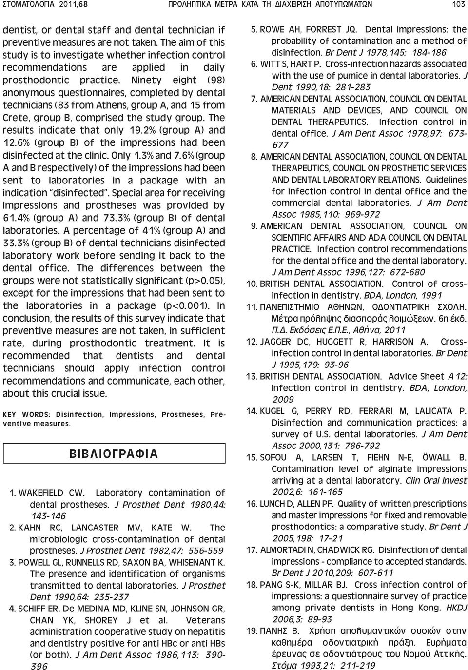 Ninety eight (98) anonymous questionnaires, completed by dental technicians (83 from Athens, group A, and 15 from Crete, group B, comprised the study group. The results indicate that only 19.