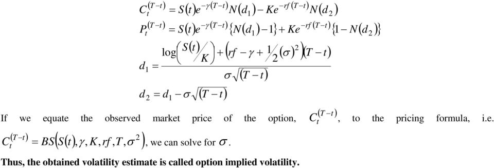 observed marke price of he opion, ( ) T C, o he pricing formula, i.e. ( ) ( ) ( ),,,,, σ γ T rf K S BS C T =, we can solve for σ.