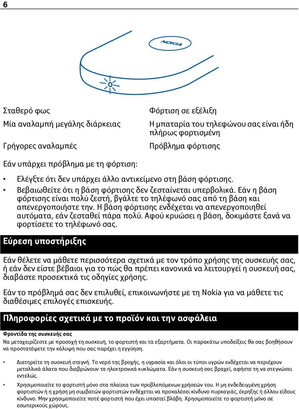 Εάν η βάση φόρτισης είναι πολύ ζεστή, βγάλτε το τηλέφωνό σας από τη βάση και απενεργοποιήστε την. Η βάση φόρτισης ενδέχεται να απενεργοποιηθεί αυτόματα, εάν ζεσταθεί πάρα πολύ.